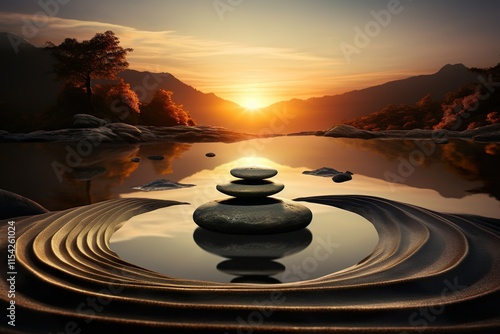 zen garden with stones and sun in the background photo