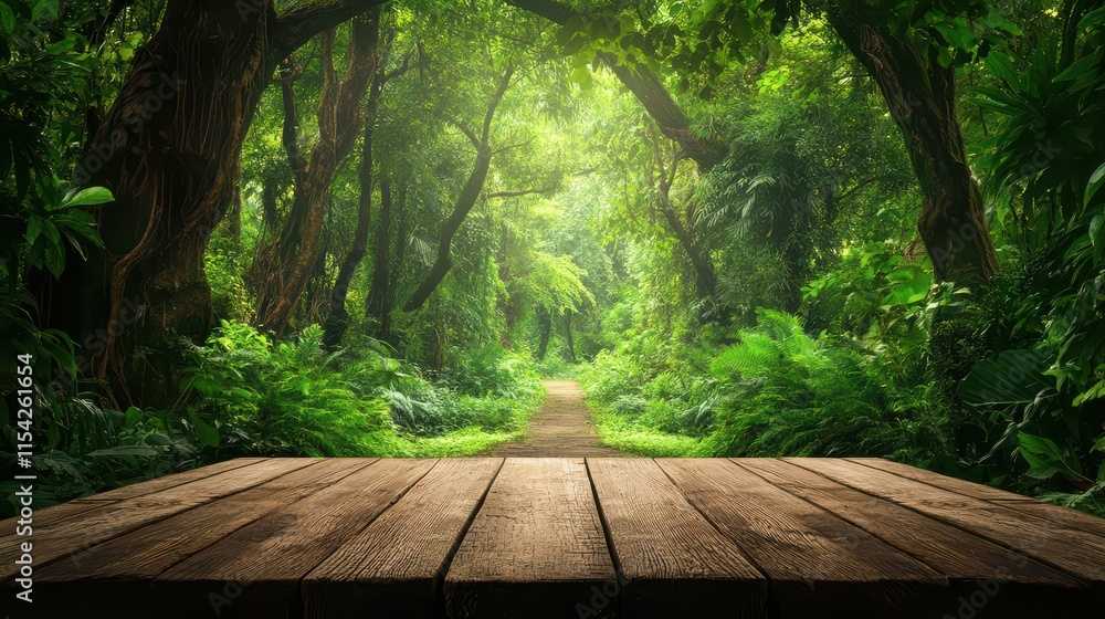 Empty wood table top with blur background of nature lush green forest. The table giving copy space for placing advertising product on the table a long with beautiful green forest nature background. Empty wood table top with blur background of nature lush green forest. The table giving copy space for placing advertising product on the table a long with beautiful green forest nature background.