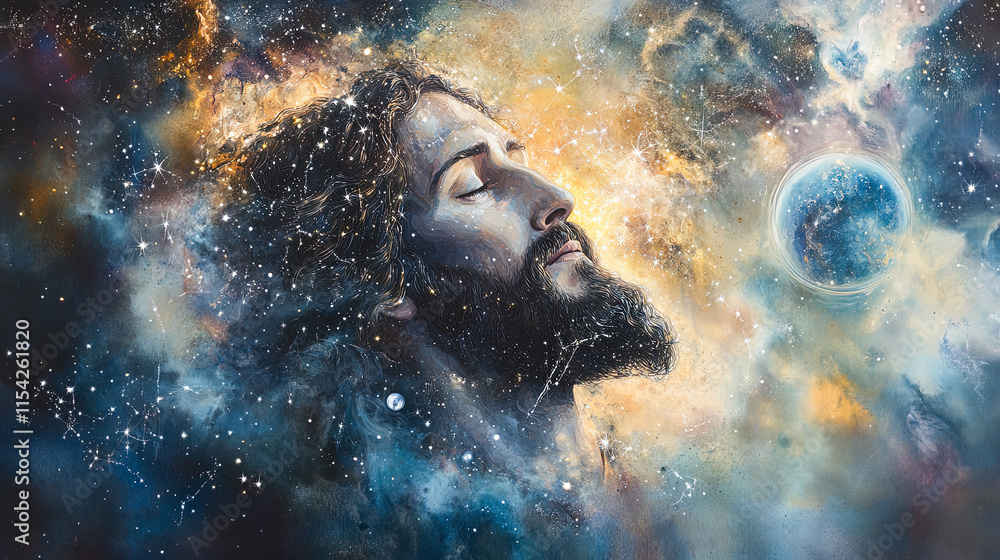 Fototapeta premium Jesus in Cosmic Glory Jesus surrounded by constellations, planets, and galaxies, emanating divine light into the cosmos.all soft, dynamic, soft minimalist watercolor, fine art art,