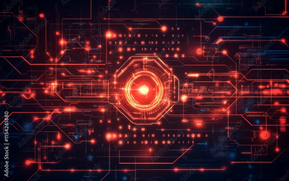 Obraz premium Futuristic Neon gridlines overlaid with digital data and tech motifs. Generative AI