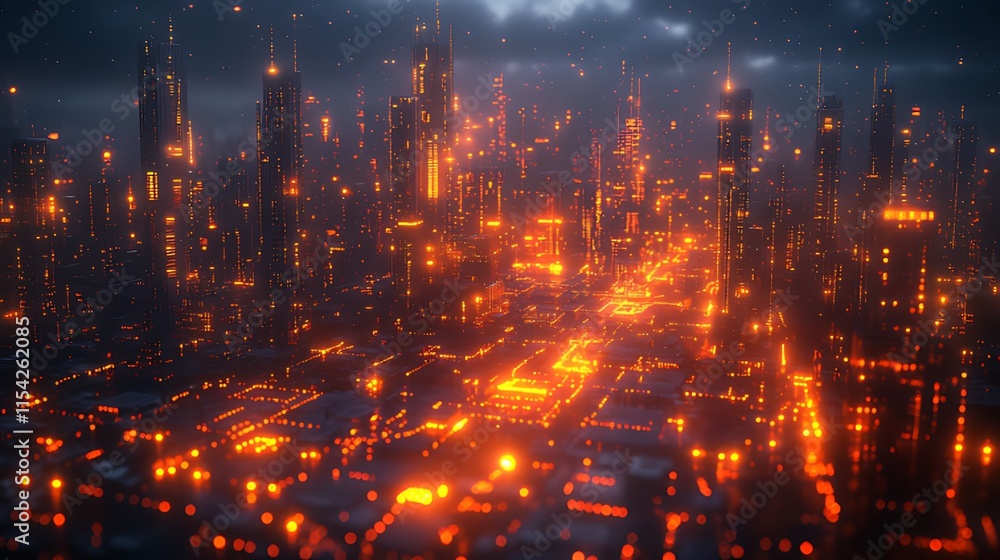 Fototapeta premium Futuristic city at night, glowing orange lights, skyscrapers, digital art.