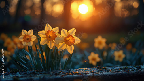 A field of daffodils blooming in the early spring sun. photo