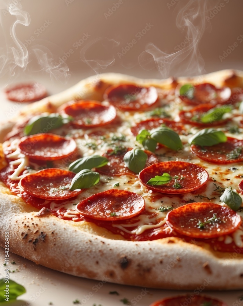 Close up view of a freshly baked and steaming hot pepperoni pizza with melted mozzarella cheese tangy tomato sauce and aromatic herbs like basil and oregano Close up view of a freshly baked and steaming hot pepperoni pizza with melted mozzarella cheese tangy tomato sauce and aromatic herbs like basil and oregano