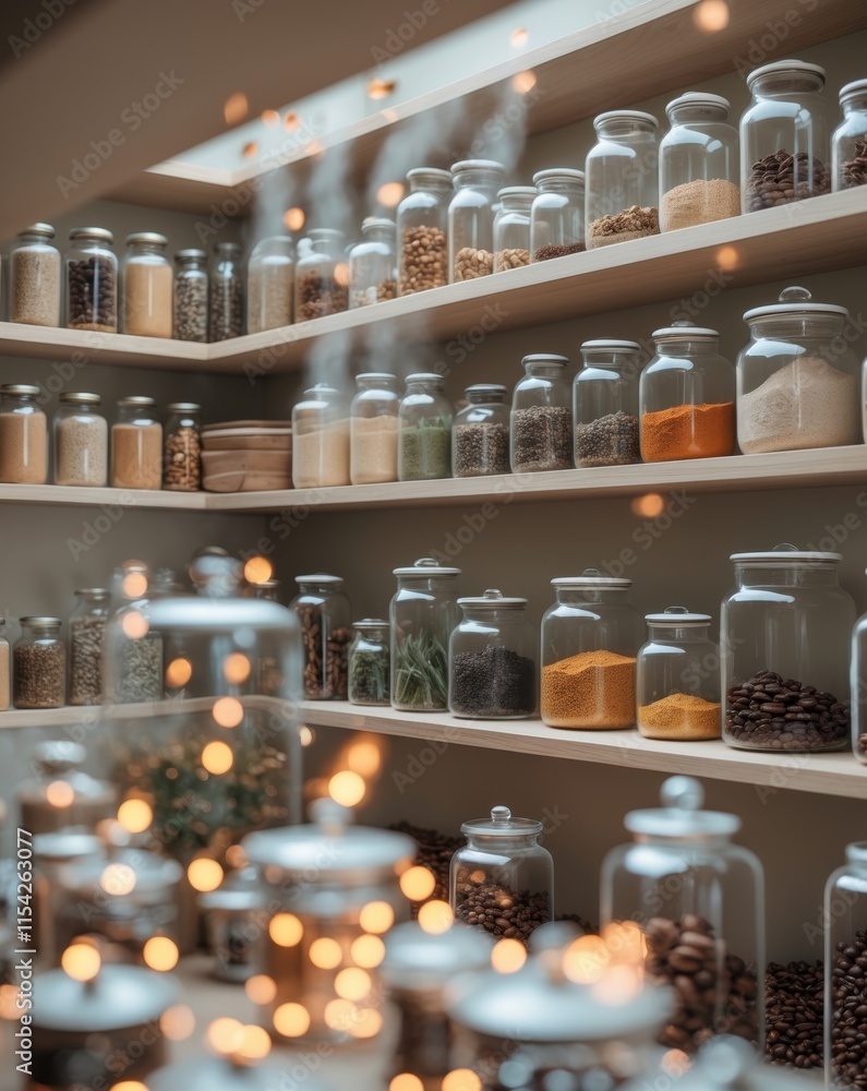 A Pantry Filled with Glass Jars of Dried Goods A Pantry Filled with Glass Jars of Dried Goods