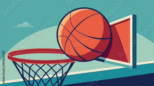 Basketball entering hoop with vibrant colors and clean lines in a modern vector style