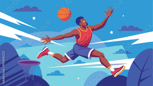 Dynamic basketball player performs a slam dunk in a colorful vector illustration depicting athleticism and energy