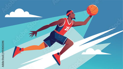 Dynamic basketball player performs a slam dunk in a colorful vector illustration depicting athleticism and energy