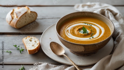 Bowl of creamy pumpkin soup with herbs and swirl on a wooden table with bread photo