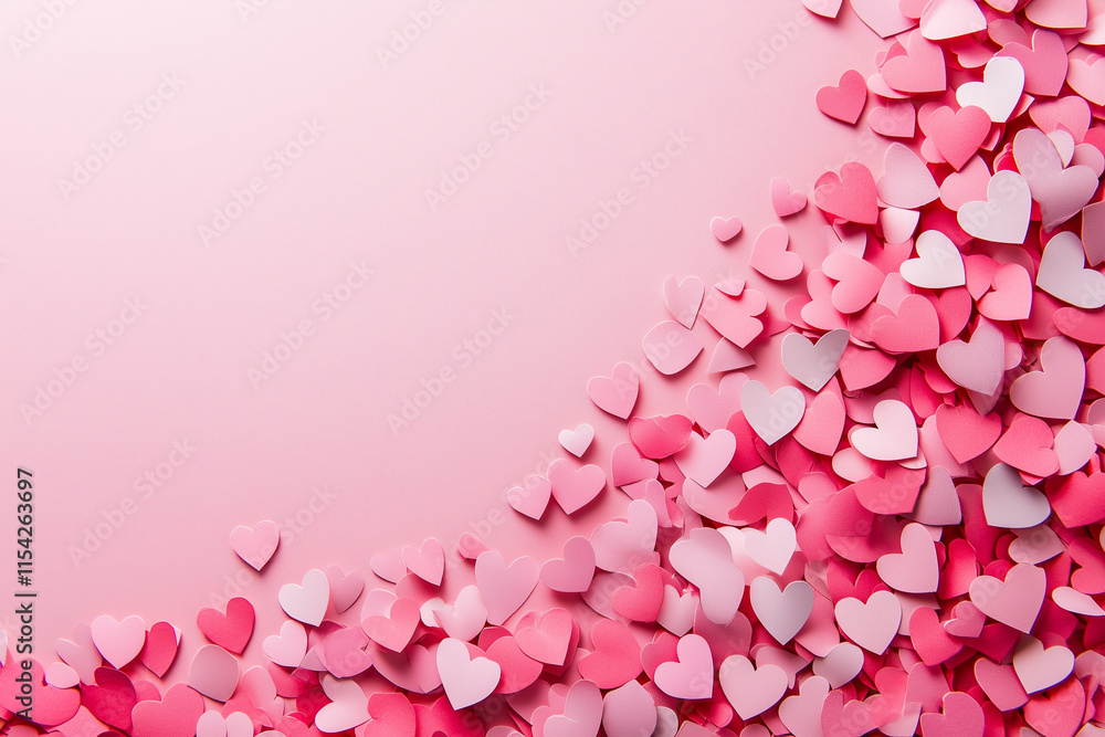 Fototapeta premium Romantic Valentine's Day Greeting Card with Pink Hearts and Delicate Paper Art on Soft Pink Background