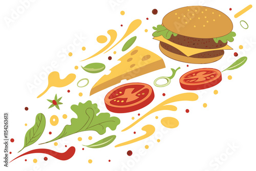 Vibrant vector illustration of a burger surrounded by fresh ingredients like cheese, tomatoes, and greens, conveying a sense of deliciousness and flavor