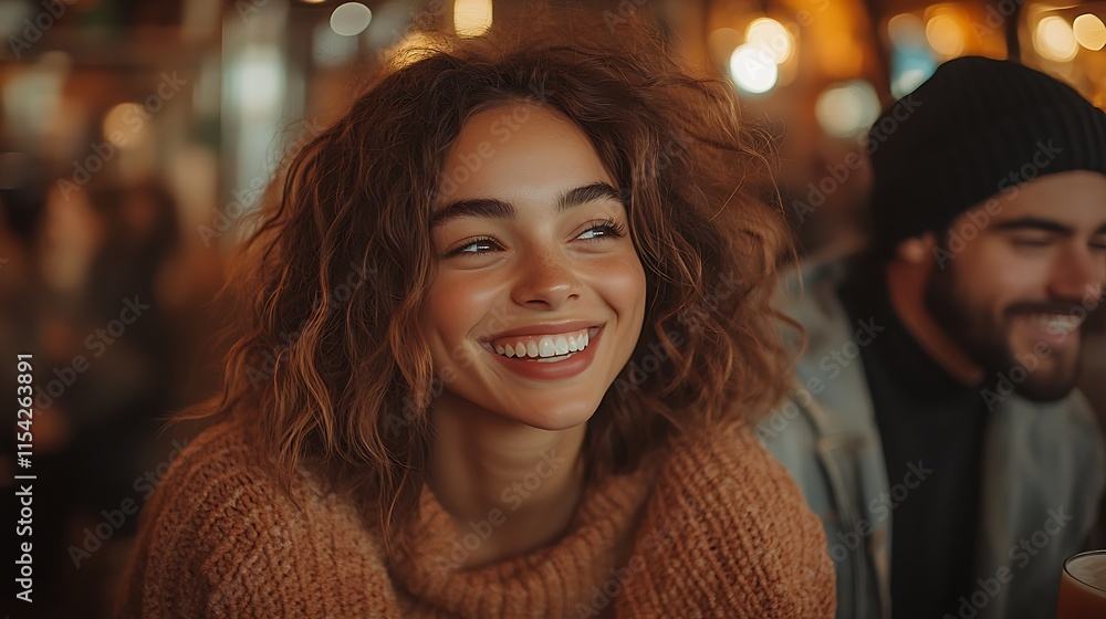 Obraz premium A Young Woman Smiles Brightly In A Cozy Setting