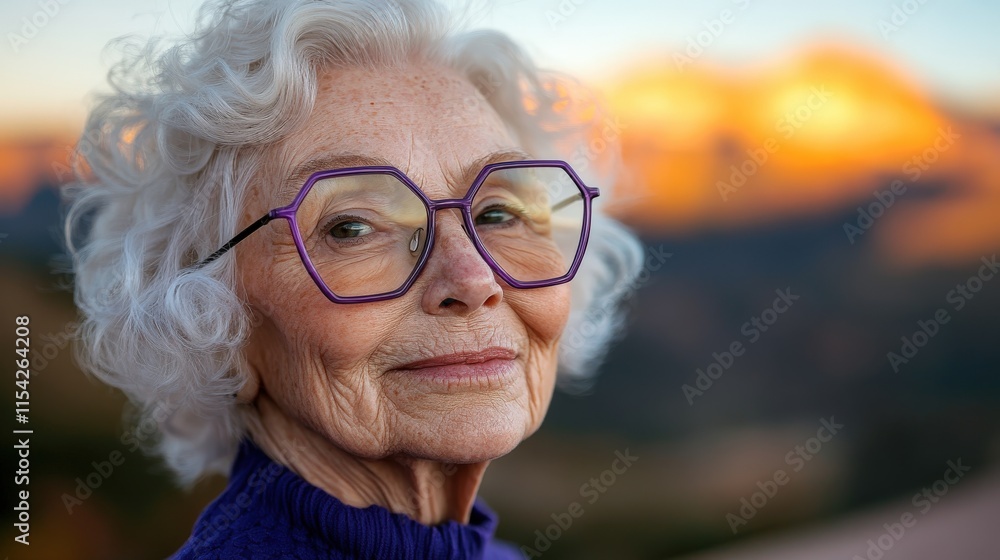 Elderly woman with glasses poses gracefully against a glowing mountain backdrop