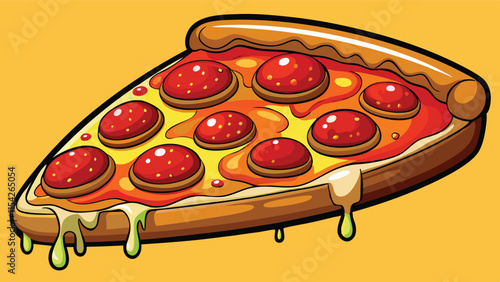 Delicious vector illustration of a pepperoni pizza slice with melted cheese on a vibrant yellow background