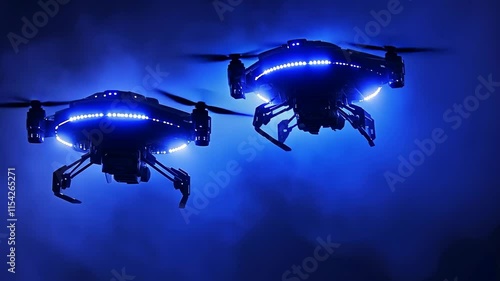 Wallpaper Mural Drones equipped with blue LED lights fly through a dark, foggy night sky showcasing advanced technology Torontodigital.ca