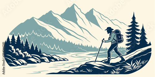 Hiker trekking beside a river through mountainous terrain on a clear day