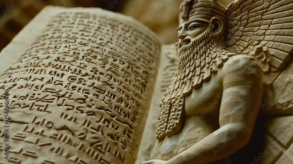 Ancient Mesopotamian statue next to cuneiform inscriptions in an archaeological site