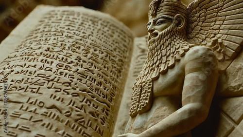 Ancient Mesopotamian statue next to cuneiform inscriptions in an archaeological site