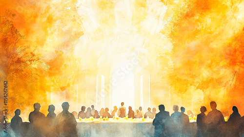 The Parable of the Wedding Feast A grand wedding banquet scene, where guests are invited, but many do not come, illustrating God's invitation to all soft, dynamic, soft minimalist watercolor, fine