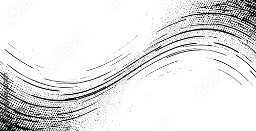 Comic halftone wave background. Dotted curved flow wallpaper. Abstract textured fluid backdrop. Black grit pop art swoosh element for poster, banner, overlay, card, brochure, flyer, leaflet. Vector