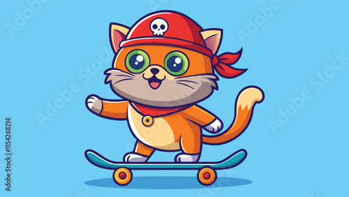 Cute cartoon cat on skateboard wearing pirate attire with eye patch and fun background