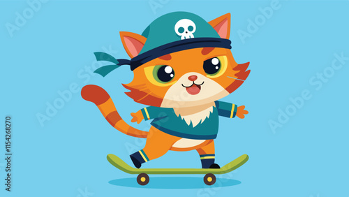 Cute cartoon cat on skateboard wearing pirate attire with eye patch and fun background