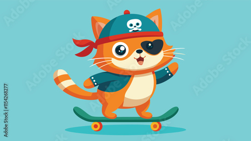 Cute cartoon cat on skateboard wearing pirate attire with eye patch and fun background