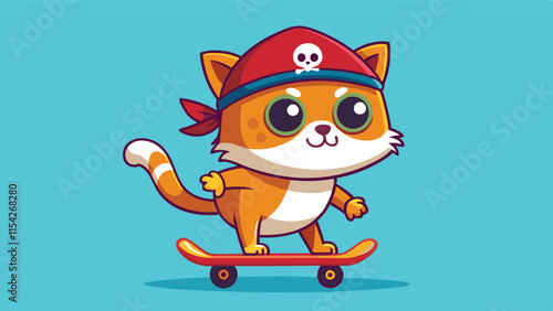 Cute cartoon cat on skateboard wearing pirate attire with eye patch and fun background