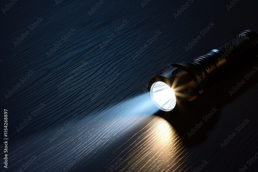 Modern LED Flashlight with Bright Beam Projection in Dark Wood Table. Empty Space for Copy. Dark Night Lighting Equipment Concept. Modern LED Flashlight with Bright Beam Projection in Dark Wood Table. Empty Space for Copy. Dark Night Lighting Equipment Concept.