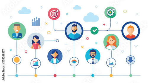 Visual representation of interconnected data flow showcasing individuals, technology, and growth in a modern workspace environment