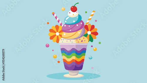 Colorful ice cream sundae with flowers and a cherry on top served in a striped cup in a cheerful setting