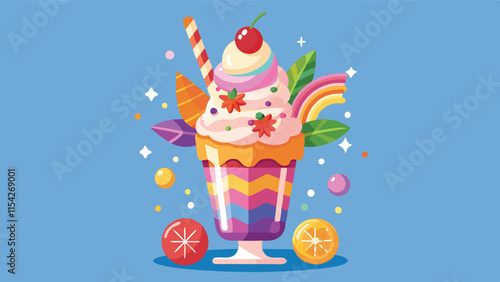Colorful ice cream sundae with flowers and a cherry on top served in a striped cup in a cheerful setting