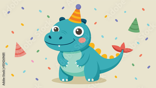 Celebratory dinosaur character with party hat enjoying a colorful festive atmosphere with confetti and candies around