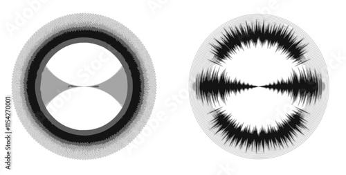 Black radial sound wave line pattern set. Circular audio, music or voice icon collection. Linear undulate wavy equalizer spectrum symbol pack. Circle sunburst bundle. Vector soundwave elements