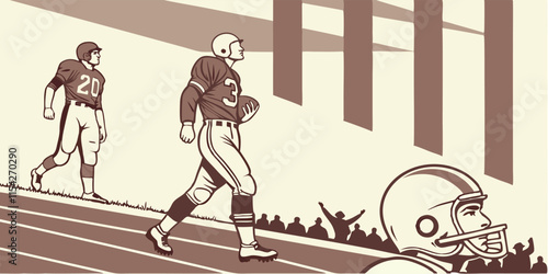 Players walking on a field while fans cheer in the background during a football game in a vintage vector style