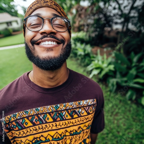 A joyful young Black man stands outdoors, smiling broadly amidst lush greenery by a home during daylight