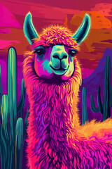 Leinwandbilder Rosa Vibrant neon alpaca in a surreal desert landscape at sunset  © Irina