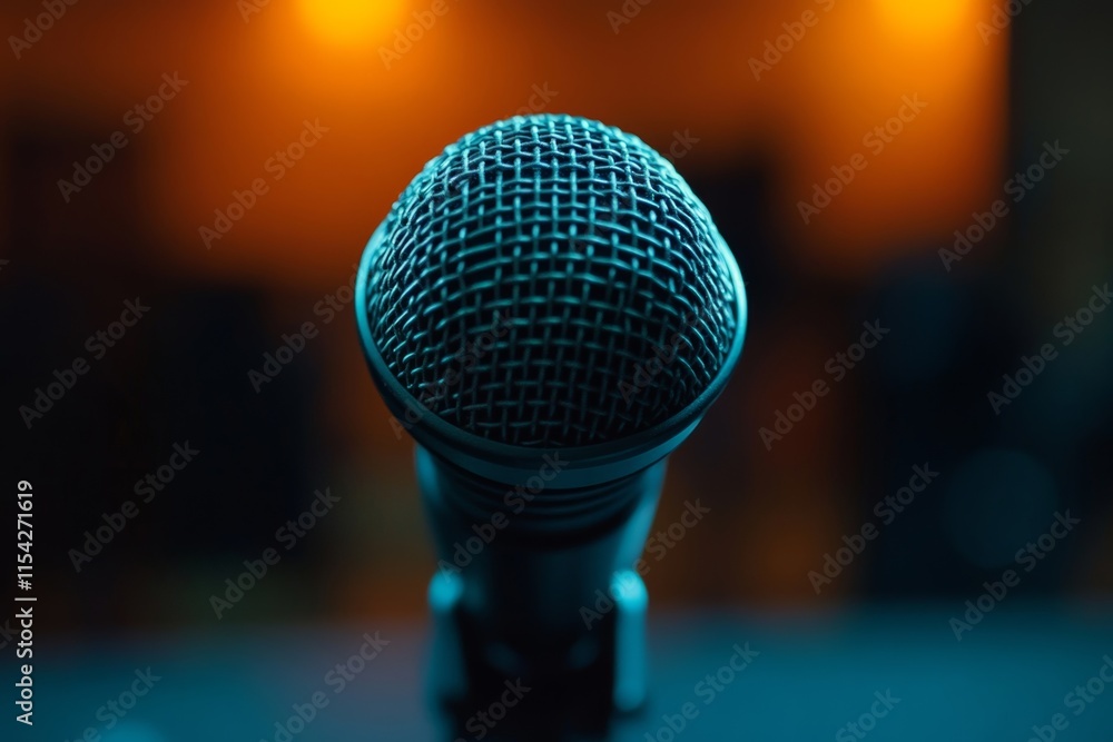 Close-up microphone on the table in podcasting record, Generative AI Close-up microphone on the table in podcasting record, Generative AI