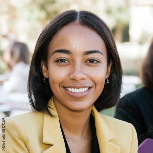 A smiling Black businesswoman celebrates her success while finalizing a deal outside on a sunny day with colleagues. photo