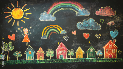 Childlike illustration of a whimsical village scene with houses, sun, rainbow, clouds, girl, trees, birds, and hearts on a chalkboard background. parhelion. illustration. Parhelia. Illustration photo