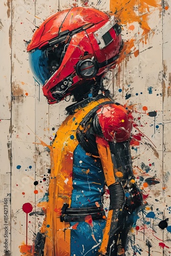 comic strip illustration combining oil paiinting, watercolour and inked outlines abstract details splashes of dynamic paint and ink , action movies robot cop