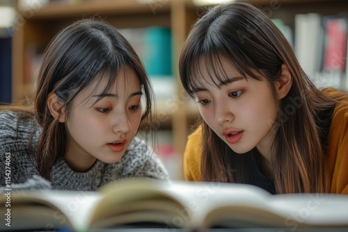 Two asian students researching for project in library, Generative AI