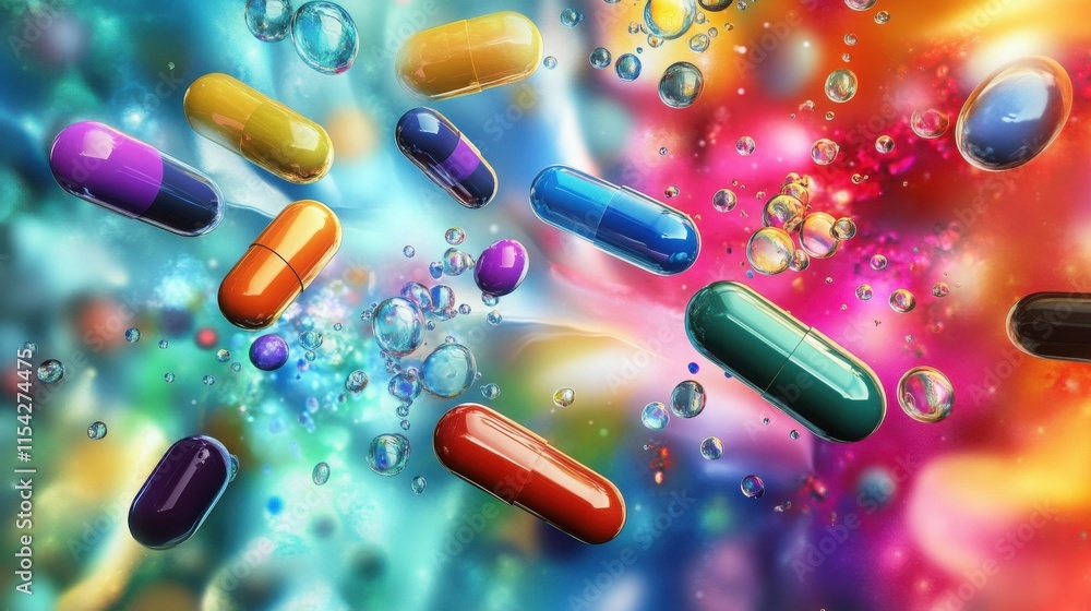 Vibrant capsules float in a colorful, abstract background. A 3D rendering showcasing a variety of shapes and colors. Vibrant capsules float in a colorful, abstract background. A 3D rendering showcasing a variety of shapes and colors.