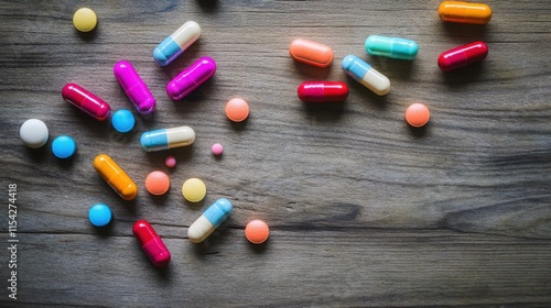 A scattering of colorful pills and capsules on a rustic wooden surface.  A variety of shapes and sizes are visible, suggesting a diverse range of medications. photo