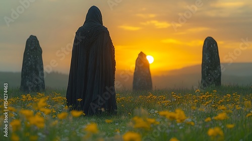 Hooded Figure Stands Before Sunset Stones photo