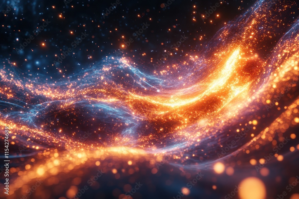Abstract representation of glowing particles and waves in a cosmic setting. Abstract representation of glowing particles and waves in a cosmic setting.
