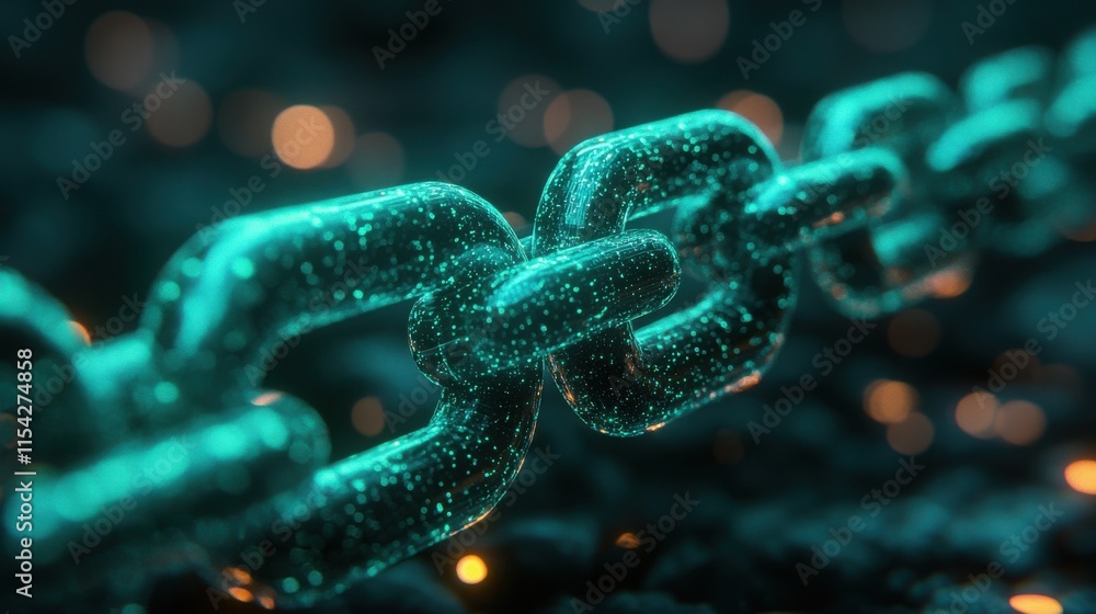 Abstract close-up of a glowing teal chain, the links interlocked and sparkling. A digital representation of connection and security. Abstract close-up of a glowing teal chain, the links interlocked and sparkling. A digital representation of connection and security.