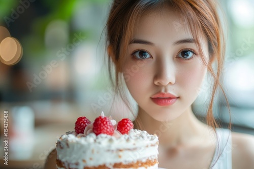 Dieting young asian woman or girl use hand push out, deny sweet cake and  salad vegetables, eat food for good healthy, health when hungry. Close up female weight loss, Generative AI photo