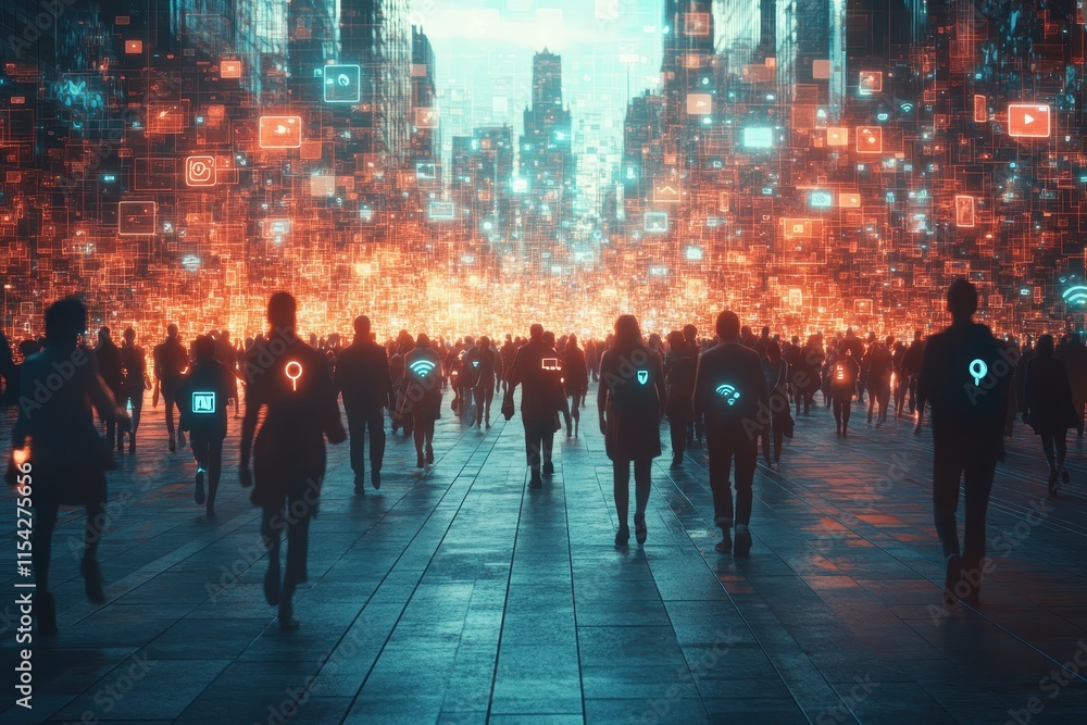 A crowd walking towards a digital cityscape filled with floating icons. A crowd walking towards a digital cityscape filled with floating icons.
