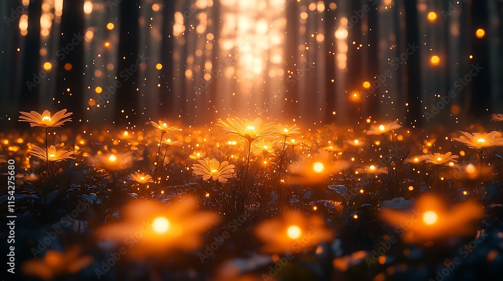 Naklejka premium Glowing Flowers Illuminated In A Magical Forest
