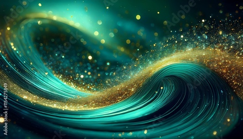 gold dust particles growing spiral waves in a blue liquid with a inexperienced tint summary glittering heritage a whirlpool of shiny particles in a darkish generative ai photo